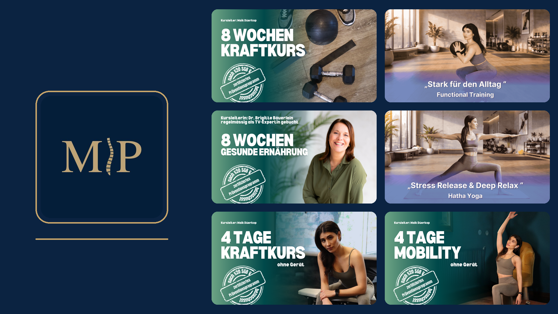 Übersicht der zertifizierten Präventionskurse von Praxis Pfeiffer: Kraftkurs, Functional Training, gesunde Ernährung, Hatha Yoga und Mobility