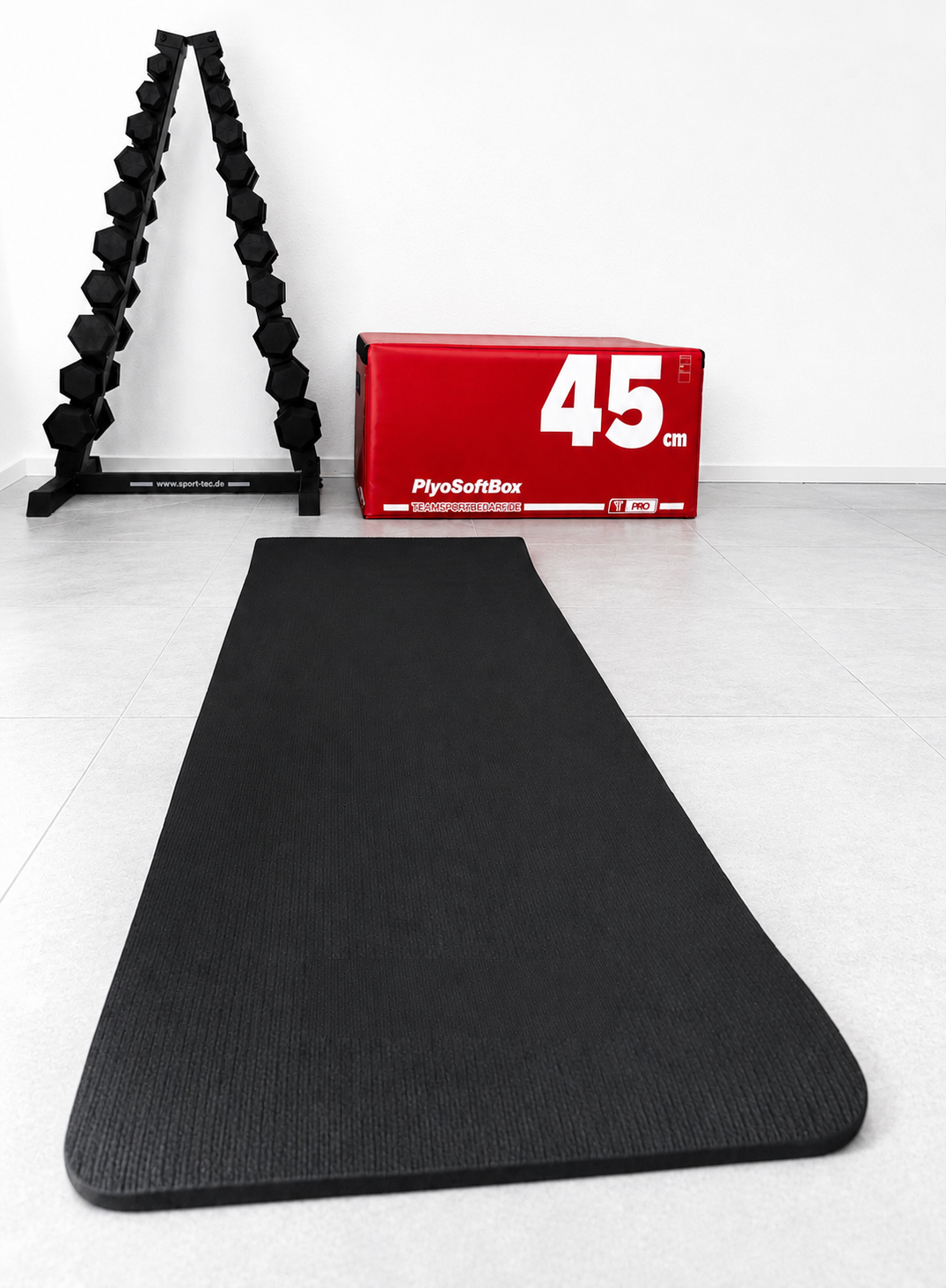 Trainingsbereich mit Matte, Hantelständer und Plyo-Box